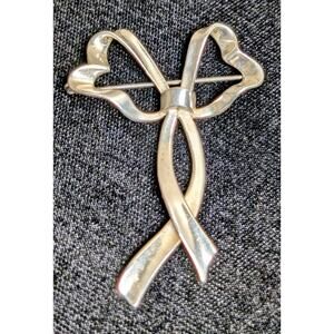 Vintage 925 Sterling Silver Ruffly Heart Ribbon Bow Brooch